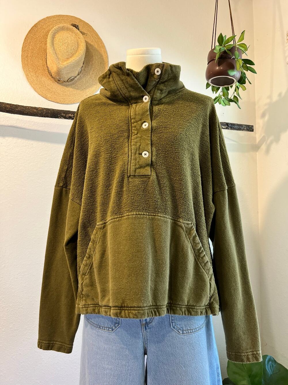 REI Coop Hemp Cotton Green Oversized Pocket Button Collar Sweatshirt Size Large